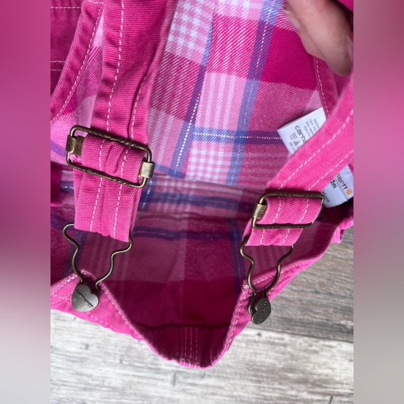 Y2K VTG pink Carhartt Embroidered denim overalls w/ pink plaid flannel lining - Picture 7 of 11